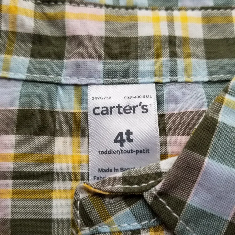 Carter's 4T Button up Shirt Long Sleeve Yellow Green plaid Easter Spring‎ pastel